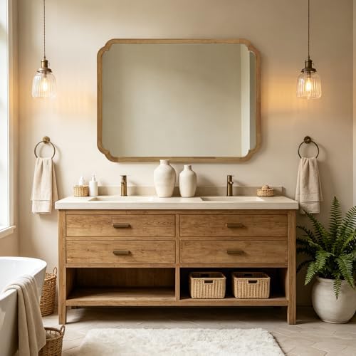 WallBeyond 36" x 48" Wood Bathroom Mirror for Wall Mounted, Rustic Rounded Corner Wood Frame Wall Mirror for Entryway, Living Room or Bedroom Home Decorative, Natural - Image 4