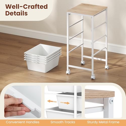 Giantex Rolling Storage Cart with 4 Drawers, Utility Cart w/Wooden Tabletop, Lockable Wheels, Multipurpose Organizer for Art Craft Scrapbook Paper, Drawer Carts for Dorm Classroom Office, White - Image 7