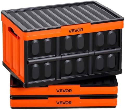 VEVOR Plastic Collapsible Storage Bins with Lids, 45L 3Packs, Stackable Folding Storage Crates with Handles, Holds 44 lbs Per Bin, Heavy Duty Containers, Space-Saving Baskets, for Home Organizing by VEVOR