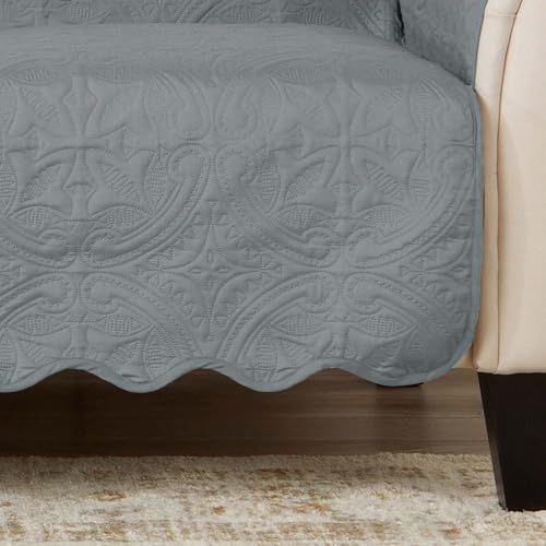 Great Bay Home Reversible Loveseat Cover - Washable Slipcover Furniture Protector with Elastic Straps - Perfect for Kids & Pets - Quilted & Stitched Detail (Mirage Gray/Flax) - Image 6