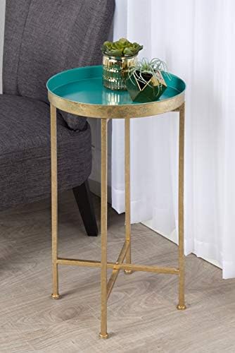 Kate and Laurel Celia Round Metal Foldable Tray Accent Table, Teal with Gold Base - Image 2