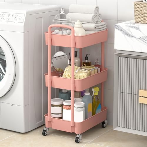 Sywhitta 3-Tier Plastic Rolling Utility Cart with Wheels for Storage, Pink - Image 6