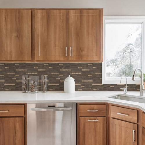 STICKGOO 20 Sheets Peel and Stick Backsplash Tile, Stick on Backsplash for Kitchen and Bathroom, Dark Brown Marble Look PVC Mixed Metal Gold Self Adhesive Wall Tiles - Image 2