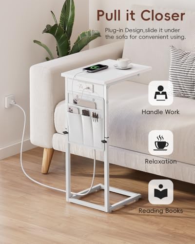 Vagusicc C Shaped End Table with Charging Station, Adjustable Height Side Table for Couch, Small Sofa Table for Small Spaces, Slide Under Sofa Table TV Tray Arm Tables for Living Room, Bedroom, White - Image 7
