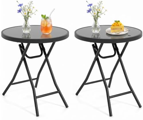 GIANTEX Folding Side Table w/Tempered Glass Tabletop & Metal Frame Set of 2 by Giantex