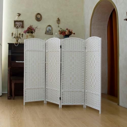 Compact 4 Panel Short Room Divider, 47.2 Inch Tall Double-Sided Rattan Folding Privacy Screen for Home & Office,White by PawlaBay