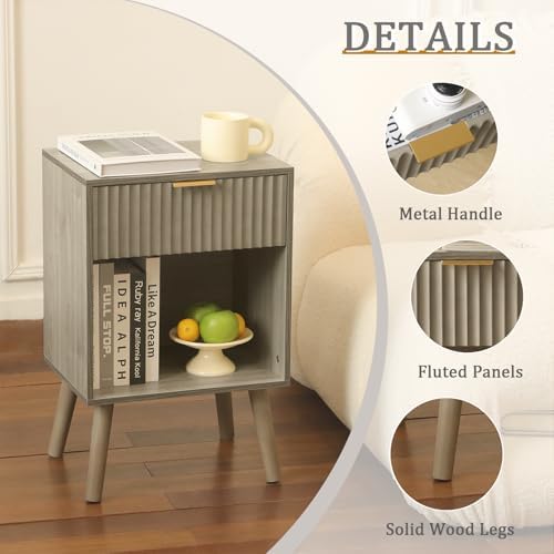 Fultyle Grey Fluted Nightstand, Modern Bedside Table with Drawer and Shelf - Image 4
