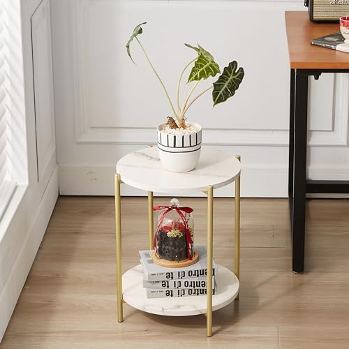 Gawicpy 2 Tier Round Side Table, Folding End Tables Coffee Table Simplistic Sofa Table Waterproof Removable Tray Table Indoor Outdoor Accent Table for Living Room Bedroom (Faux Marble White, 2pcs) - Image 5