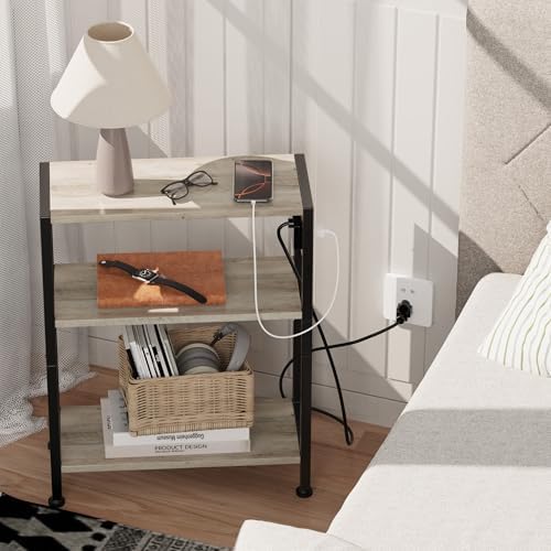 End Table with Charging Station, 3-Tier Side Table for Small Space, Skinny Nightstand with USB/Type C Port and 2 Outlets, Slim Sofa Beside Table for Living Room, Bedroom and Balcony, Greige - Image 2