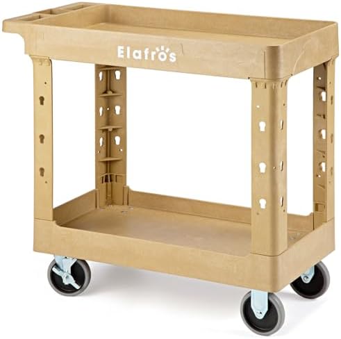 ELAFROS 2-Tier Heavy Duty Rolling Cart, 34 x 17 in, 2 Fixed 2 Swivel, Sand by ELAFROS