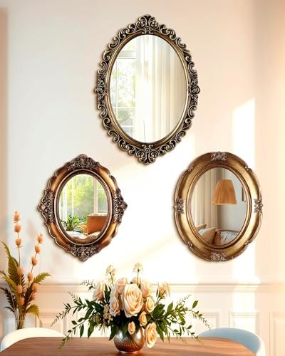Wonderjune 3 Pcs Vintage Gold Mirror Set for Wall Decorative Resin Frame Ornate Antique Hanging and Tabletop Mirror for Home Dresser Gallery Decor Photography Props Gift (Retro Style) by Wonderjune