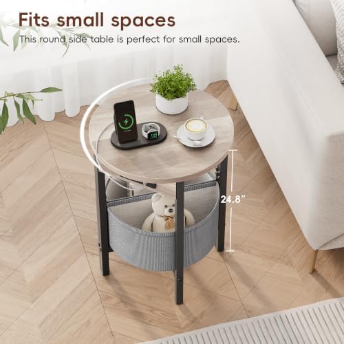 VAGUSICC Round Side Table with Charging Station, Small Round Accent End Table with Fabric Basket, Set of 2 Half Moon Tables Coffee Table, Bedside Table, Modern Nightstand for Living Room Bedroom, Grey - Image 4