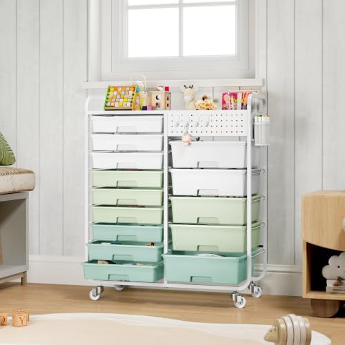 14 Drawer Rolling Storage Cart with Tabletop and Pegboard for Crafts Green - Image 2
