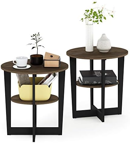 Furinno Jaya 2-Tier Round Side Table Set of 2, Open Shelf, Columbia Walnut - Image 5