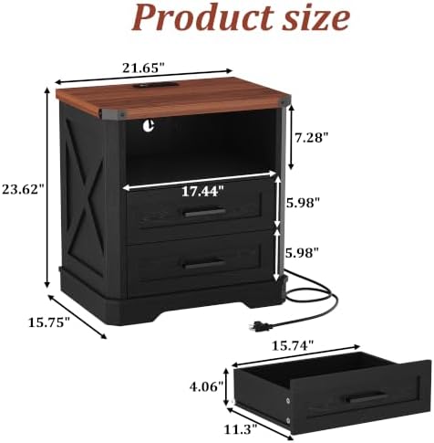 Yusong 23.62" Tall Farmhouse Nightstand, Rustic Wooden Night Stand with Charging Station, Beside Table with Drawers and Open Storage, End Tables for Bedroom, Black - Image 2
