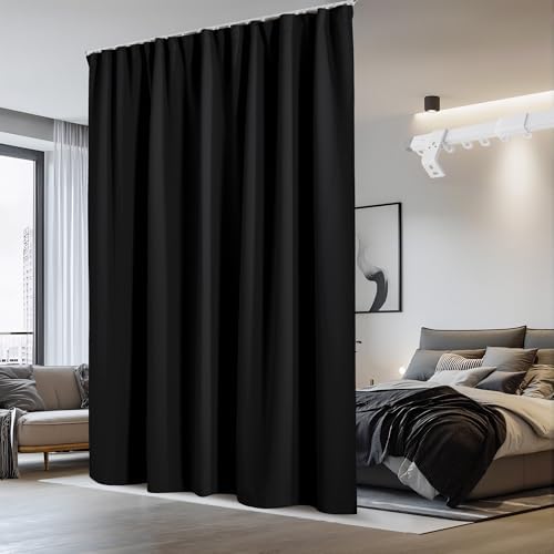 NICETOWN Room Divider Curtain with Adjustable Ceiling Track, W100 x L84 Blackout Curtain for Sliding Door, Ceiling Mouted Drape for Living Room/Hospital Divider, 1 Panel Black Drape, Whtie Track by NICETOWN
