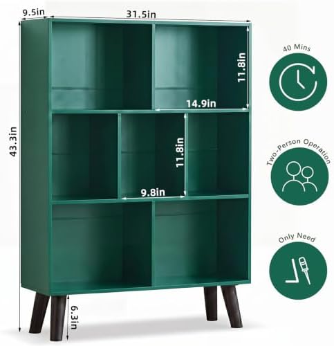 YAHARBO Dark Green Bookshelf,3 Tier Book Shelf with Legs, 7 Cube Minimalist Bookcase,Storage Organizer Shelves Display Bookcases for Bedroom,Living Room - Image 2