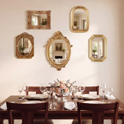 Wonderjune 5 Pcs Vintage Gold Mirror Set for Wall Decorative Resin Frame Ornate Antique Hanging and Tabletop Mirror for Home Dresser Gallery Decor Photography Props Gift (Baroque Style) - Image 4