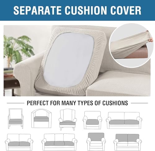 H.VERSAILTEX 4 Piece Stretch Sofa Covers for 3 Cushion Couch Covers for Living Room Furniture Slipcovers (Base Cover Plus 3 Seat Cushion Covers) Thicker Jacquard Fabric (Large Sofa, Ivory) - Image 5