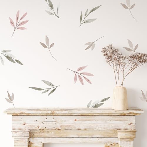Watercolor Greenery Wall Decals - Set of 22 Leaves Vinyl Flower Room Decor Peel and Stick Removable Floral Stickers for Nursery Bedroom Bathroom by WallPalz