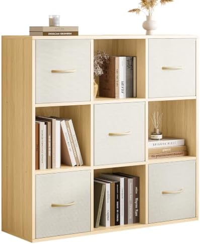 EXPERLAM 9 Cube Storage Organizer - Solid Wood Bookshelf with 5 Storage Bins, Cube Shelf with 3 Removable Back Panels, Vertical or Horizontal Bookcase, Open Book Shelf for Bedroom, Living Room, Office by EXPERLAM