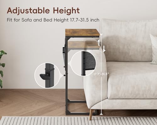 Vagusicc C-Shaped End Table Set of 2, Adjustable Height Side Table for Couch with Charging Station, Tall C Table Slide Under Sofa Table, TV Tray for Living Room, Bedroom, Bedside, Small Space, Brown - Image 4