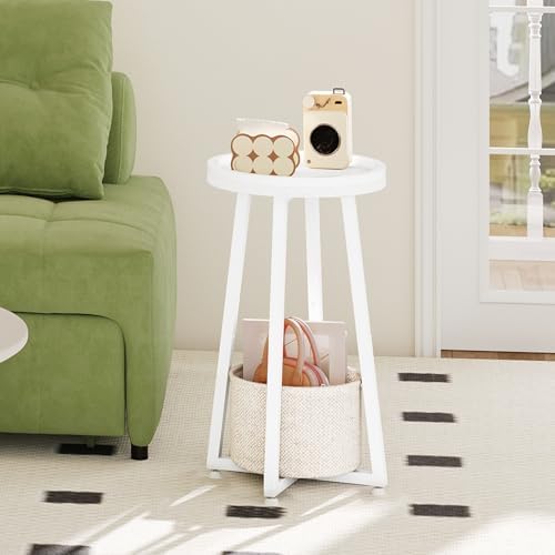 HOOBRO Small Round Side Table, 2-Tier Round Sofa End Table, Compact Nightstand with Cotton Linen Storage Basket, for Small Space, Living Room, Bedroom, Dorm, White WW183BZ01 - Image 2