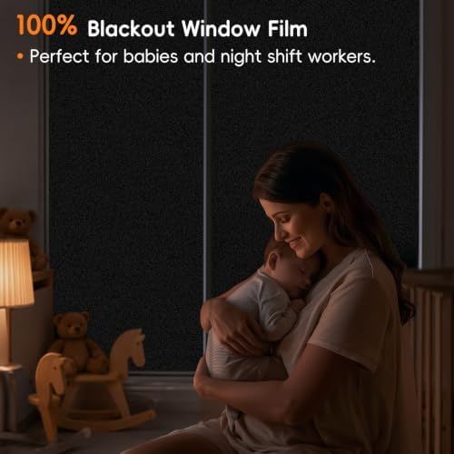 Blackout Window Privacy Film, Removable Window Cover Static Cling, Darkening Light Heat Blocking, Window Tint for Home Garage Bedroom Day Sleep, Black 17.5 Inch * 157.4 Inch - Image 2