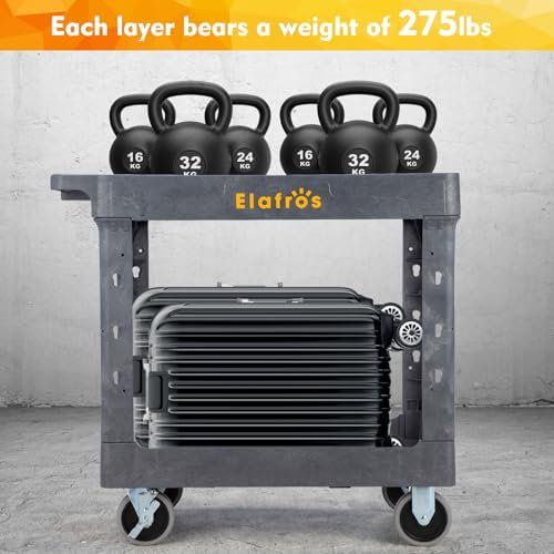 ELAFROS 2-Tier Heavy Duty Rolling Cart, 34 x 17 in, 2 Fixed 2 Swivel, Gray - Image 6