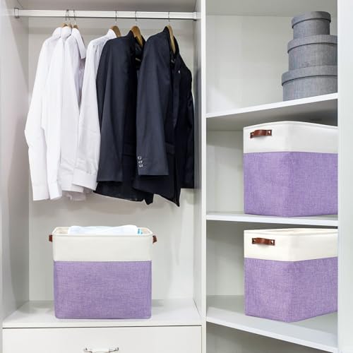 Bagnizer Large Fabric Storage Baskets | 50L Storage Bins, Decorative Linen Closet Baskets with Handles for Organizing, Shelf, Toys, Clothes, Home, Office, Nursery, 17x12x15Inches (Purple&White) - Image 2