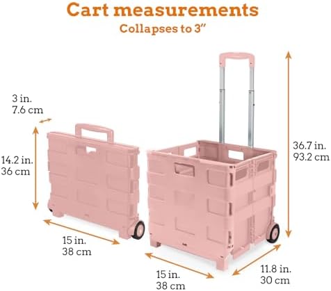 Inspired Living Ultra-Slim Rolling Collapsible Storage Pack-N-Roll Utility-carts, with Telescopic Handle, for Home, Garden, Shopping, Office, School use, Medium, Raspberry Pink - Image 5