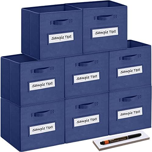 13x13x13 storage cube bins(Set of 8) Fabric storage cubes with 8 Labels Window Cards & a Pen, storage cubes 13x13, Collapsible 13 inch cube storage bins, Cubby Boxes, Navy Blue by Artsdi