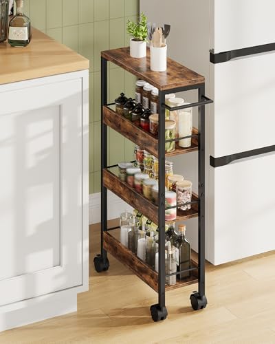 CHOEZON 4-Tier Slim Storage Cart, 7.1'' Kitchen Serving Trolley, Slim Rolling Cart with Handle and Guard Rails, Slim Cabinet for Small Spaces, for Dining Room, Rustic Brown and Black TTC02BF by Choezon
