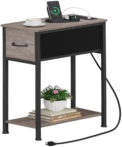 Vagusicc End Table with Charging Station, Narrow Side Table Nightstand with Fabric Drawer, Slim Nightstand for Bedroom, Small Bedside Table, Slim Sofa Side Table for Small Spaces, Greige by Vagusicc