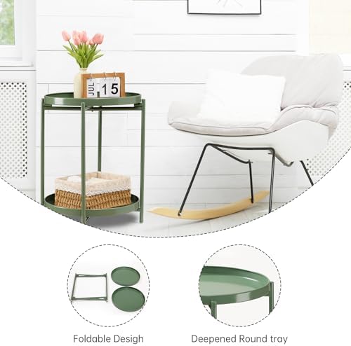danpinera 2 Tier Metal Side Table with Removable Tray, Folding End Table Outdoor Small Accent Table, Anti-Rust Green Nightstand for Bedroom Balcony Patio, Set of 2 (Dark Green) - Image 5