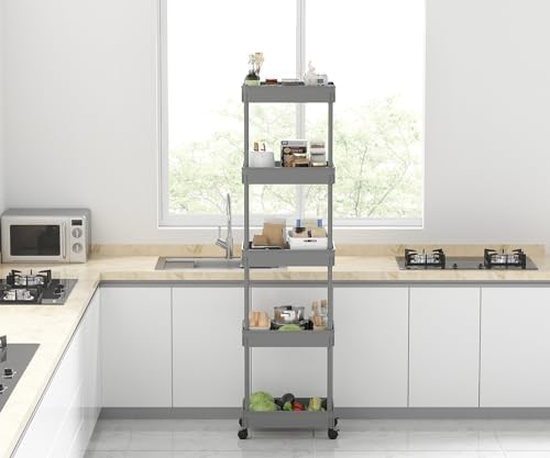 Sooyee 5-Tier Plastic Rolling Utility Cart with Wheels, Grey - Image 7
