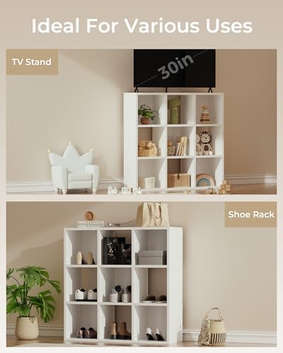 GTPLAYER 9-Cube Storage Organizer, Fits 11" Bins, Vertical or Horizontal Use, Opening Bookshelf, Partial Back Panels, Design Bookcase, for Closet, Bedroom, White - Image 4