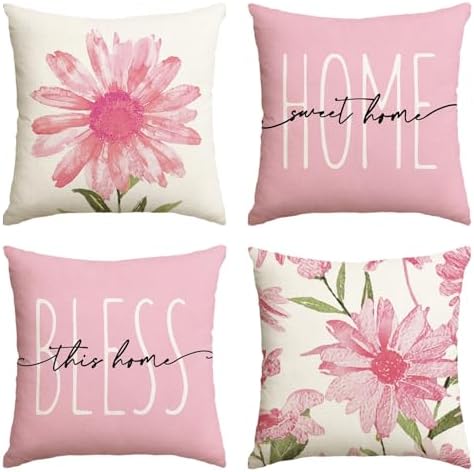 AVOIN colorlife Home Sweet Home Spring Summer Flowers Pink Throw Pillow Covers, 18 x 18 Inch Cushion Case for Sofa Couch Set of 4 by AVOINcolorlife