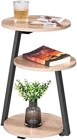 BEWISHOME Small Round Side Table, End Table with Storage Shelves, Greige by BEWISHOME
