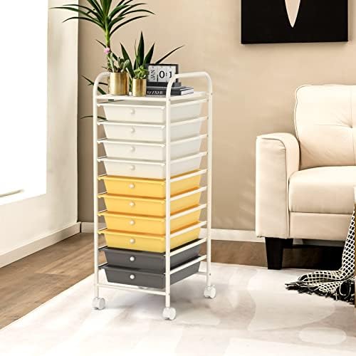 MEDIMALL 10 Drawers Rolling Storage Cart, Multipurpose Craft Storage Cart with Wheels, Mobile Tools Scrapbook Paper Organizer Cart for Office School Home Use (Yellow) - Image 2