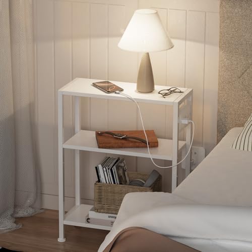 End Table with Charging Station, 3-Tier Side Table for Small Space, Skinny Nightstand with USB/Type C Port and 2 Outlets, Slim Sofa Beside Table for Living Room, Bedroom and Balcony, White - Image 5