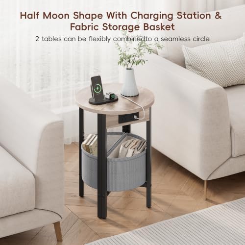 VAGUSICC Round Side Table with Charging Station, Small Round Accent End Table with Fabric Basket, Set of 2 Half Moon Tables Coffee Table, Bedside Table, Modern Nightstand for Living Room Bedroom, Grey - Image 5