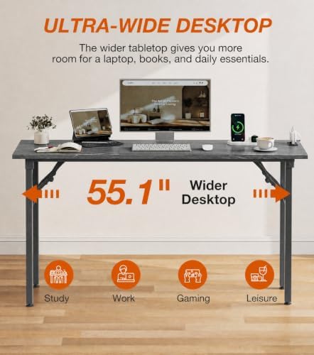 XBurmo Small Folding Desk Folding Table, No Assembly Foldable Desk Gaming Desk, 55.1-Inch Computer Table Workstation with 2 AC Outlets and 2 USB Ports for Bedroom and Home Office, Marble Greige - Image 7