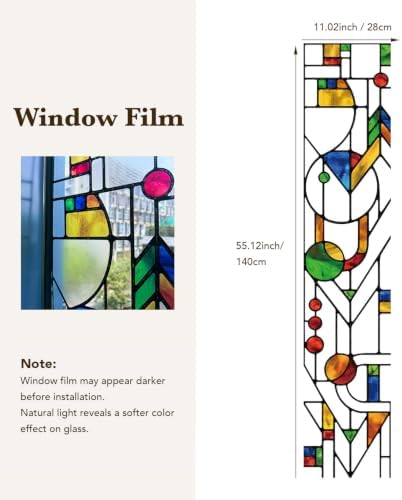 Original Hand Drawn Faux Stained Glass Window Film Double-Sided Texture Static Film, Vibrant Geometry Patterns Inspired by March Balloons, See Through 11.02"X55.12" - Image 4