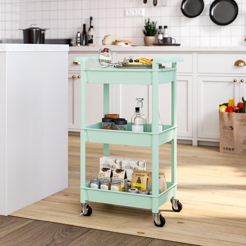 Steehoom 3-Tier Utility Rolling Cart with Cover Top Board, Mobile Utility Cart with Lockable Casters Multi-Functional Storage Trolley for Office, Bathroom, Kitchen, Garden, Laundry Room (Green) - Image 5