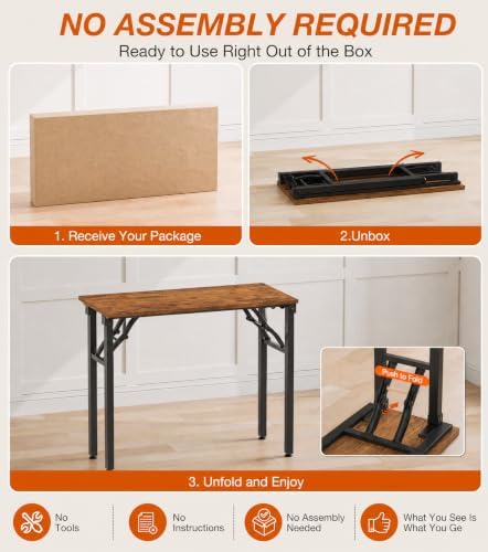 XBurmo Small Folding Desk Folding Table, No Assembly Foldable Desk Gaming Desk, 35.8-Inch Computer Table Workstation with 2 AC Outlets and 2 USB Ports for Bedroom and Home Office, Rustic Brown - Image 3