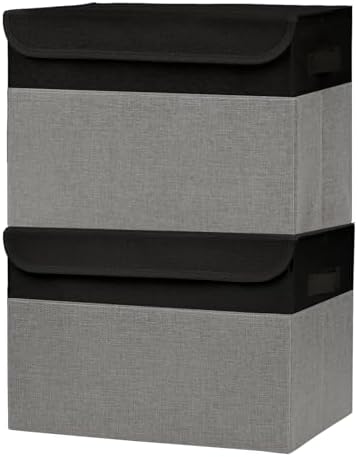 Bagnizer Large 42 Quarts Fabric Storage Bins with Lids [2-Pack] Linen Collapsible Foldable Storage Cubes, Closet Organizer Containers boxes with Handles for Home Office (16.7 x 12 x 12, Black & Gray) by Bagnizer