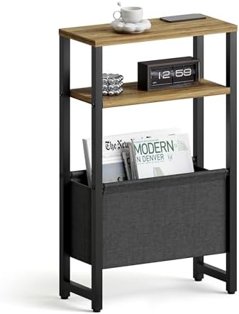 Narrow Side Table, Slim End Table with Magazine Rack, Skinny Bedside Table for Small Spaces, 3 Tier Sofa Couch Table Nightstand for Living Room, Bedroom, Walnut Brown LET503BR by IRCPEN