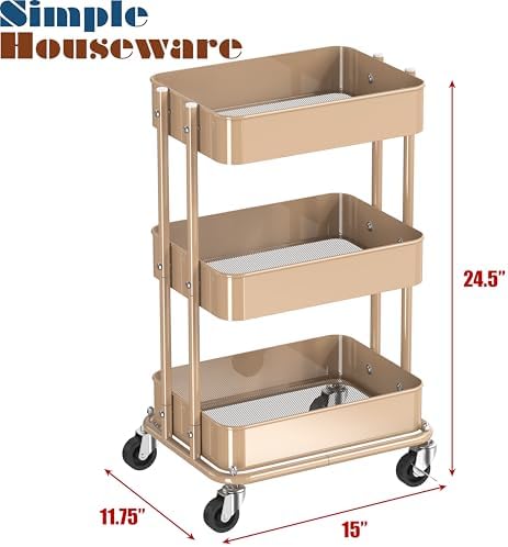 Simple Houseware 3-Tier Utility Cart, Low 24" Height Fits Under Desk, Khaki - Image 3