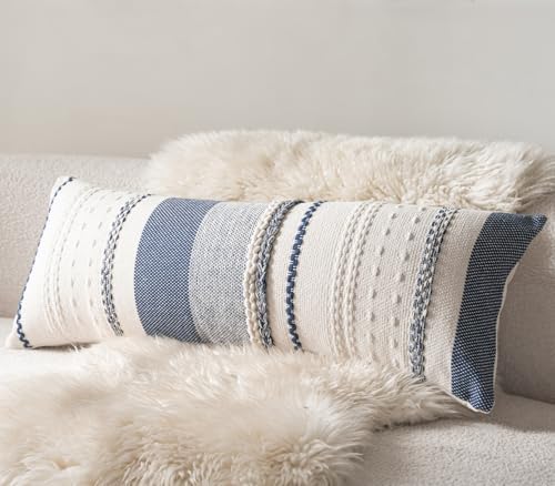 Cethom Boho Lumbar Pillow Covers 14x36 Inch Long, Navy Blue Textured Decorative Couch Pillow Cases for Farmhouse Home Decor, Accent Cushion Cover for Sofa, Bed, Living Room, Bedroom, Pack of 1 by Cethom